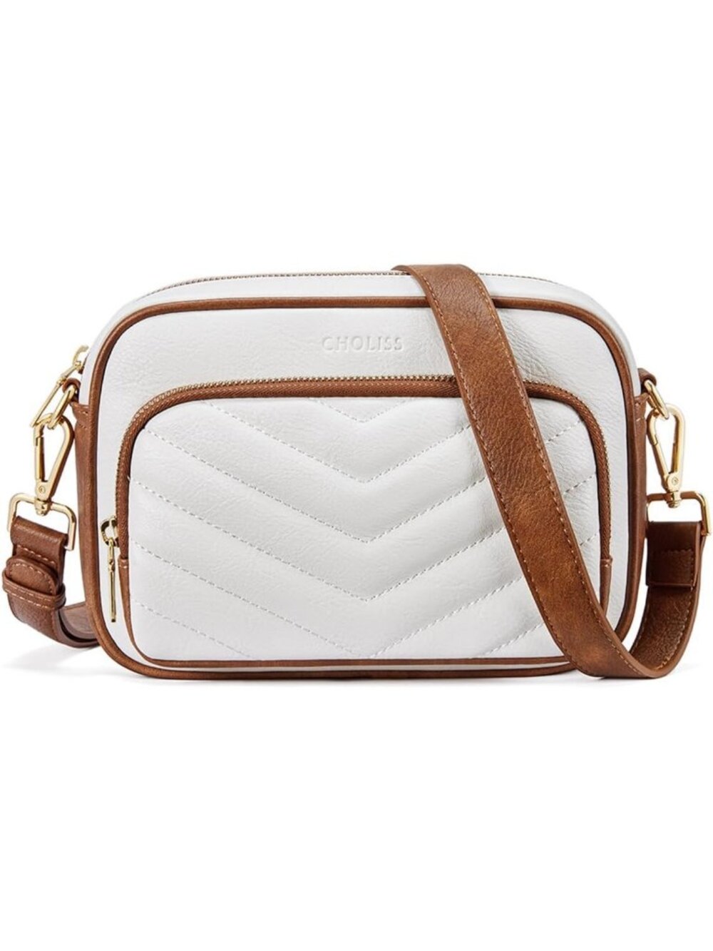 Women's Beige White Quilted Vegan Leather Travel Purse Wallet Crossbody Bag